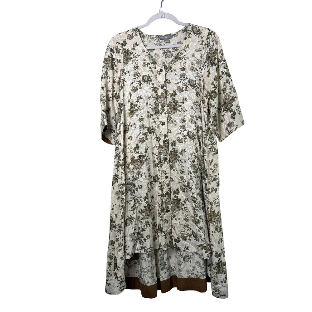 April Cornell Floral Jacquard Midi Dress Size S Cream Green High Low Hem Cottage